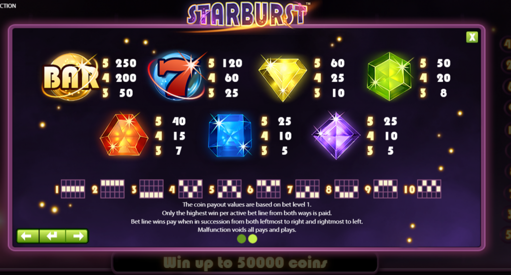 A look at the paylines in Starburst.